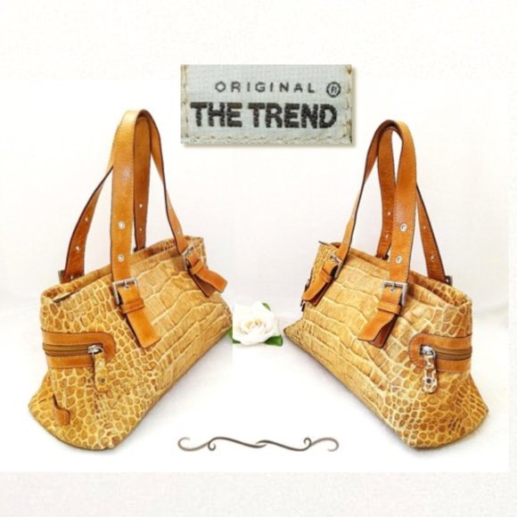 THE TREND Genuine Leather Croc Embossed Carryall Bag Mustard Silver Zip Pockets - Picture 3 of 14